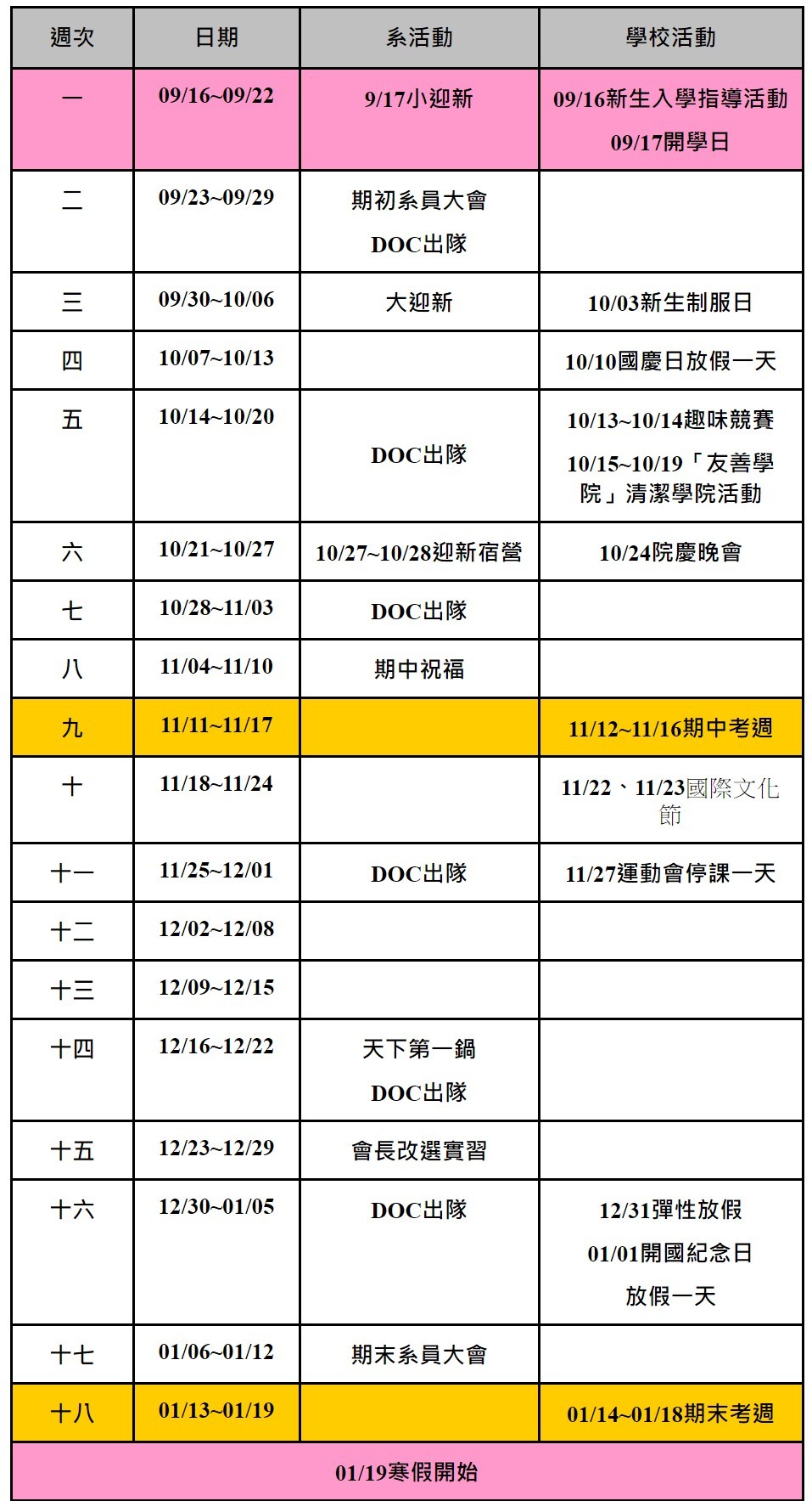 101學年度第一學期行事曆